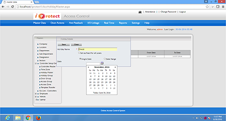 iProtect Controller Setup  Masters Update Holiday Master